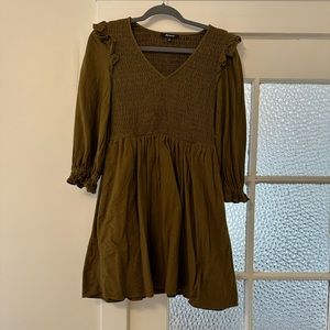 V-Neck Long Sleeve Smocked Bodice Cotton Minidress